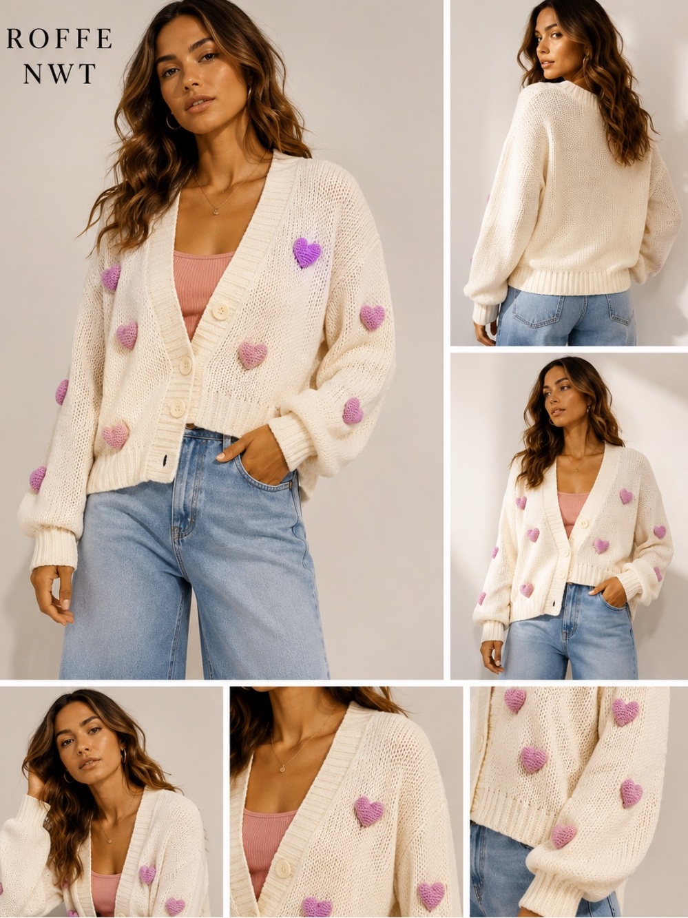 NWT Roffe $130 Sweater with Pink Heart Accents